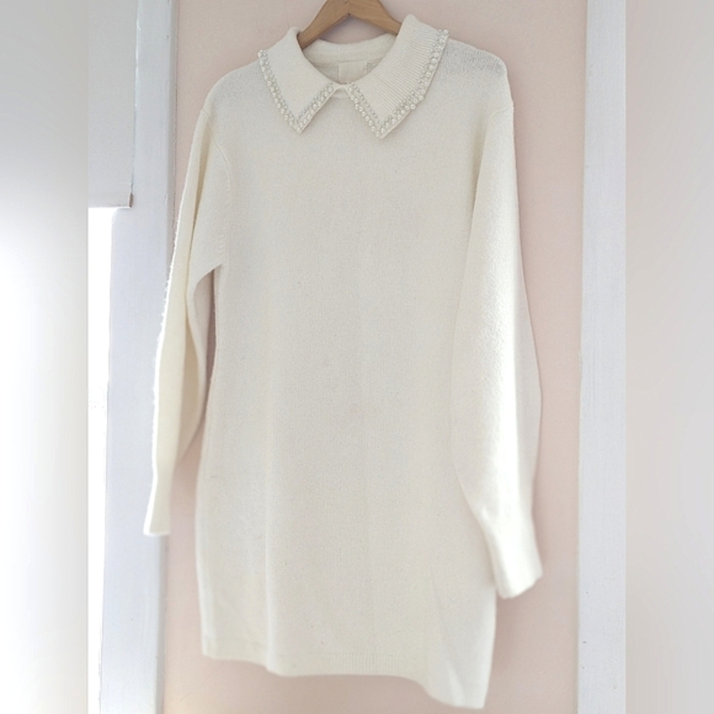 H&M Off White Knit Sweater Dress Pearl Bead Peter Pan Collar Large - Picture 15 of 16